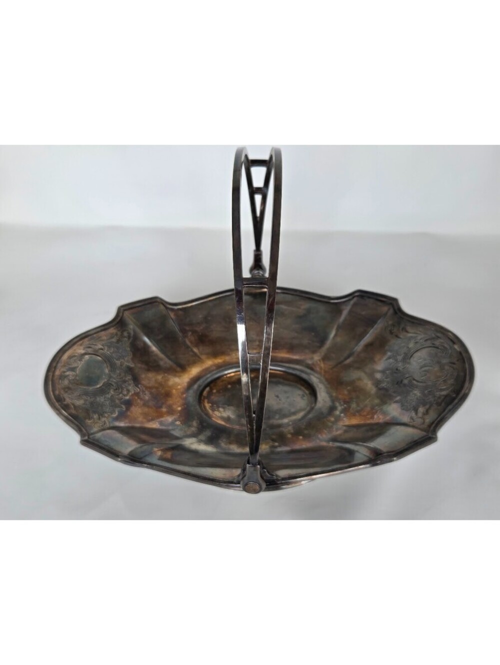 Vintage Silver Plated Engraved Serving Dish with Handle Ornate Scroll Design